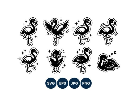 Black and White Flamingo Sticker Set: Versatile Vector Art