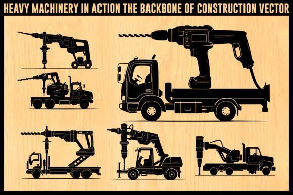 Heavy Machinery Vector Bundle – Construction Trucks with Power Tools Silhouette Set